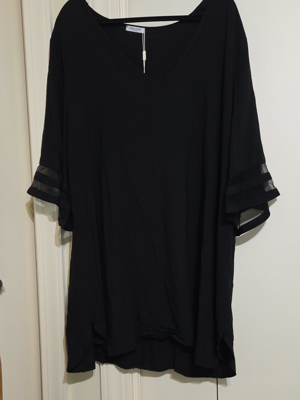 Ekouaer Black V-Neck Swim Coverup Tunic with Sheer Stripe Sleeves